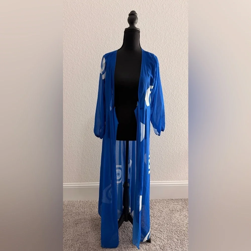 V-Neck Deep Blue Sheer Evil Eye Maxi Cover-Up Long Sleeve Ruched Cuffs Lace Bow